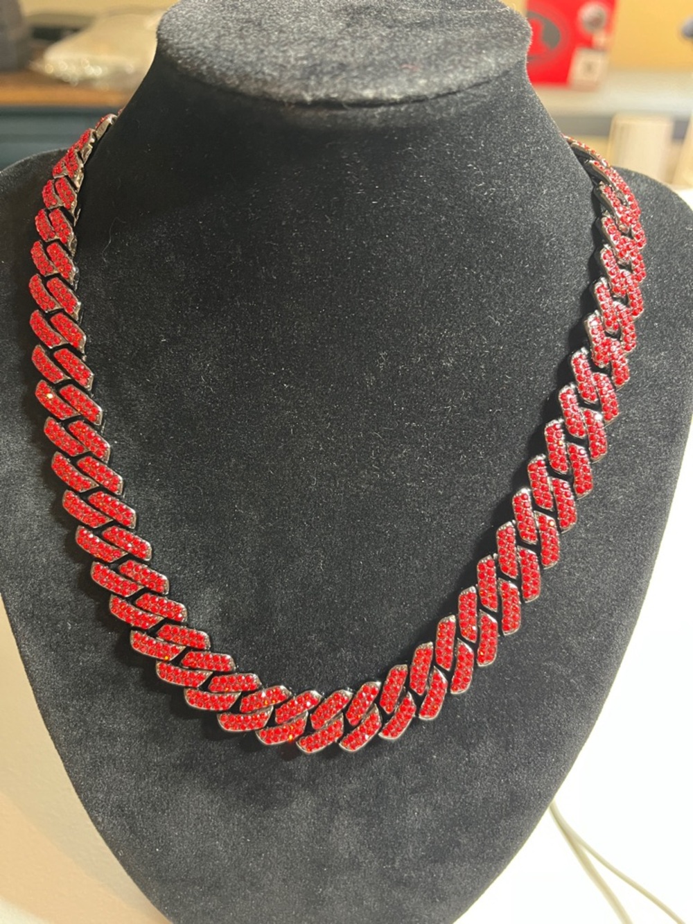 Red CZ, Pave Cuban Link Necklace - Women Jewelry